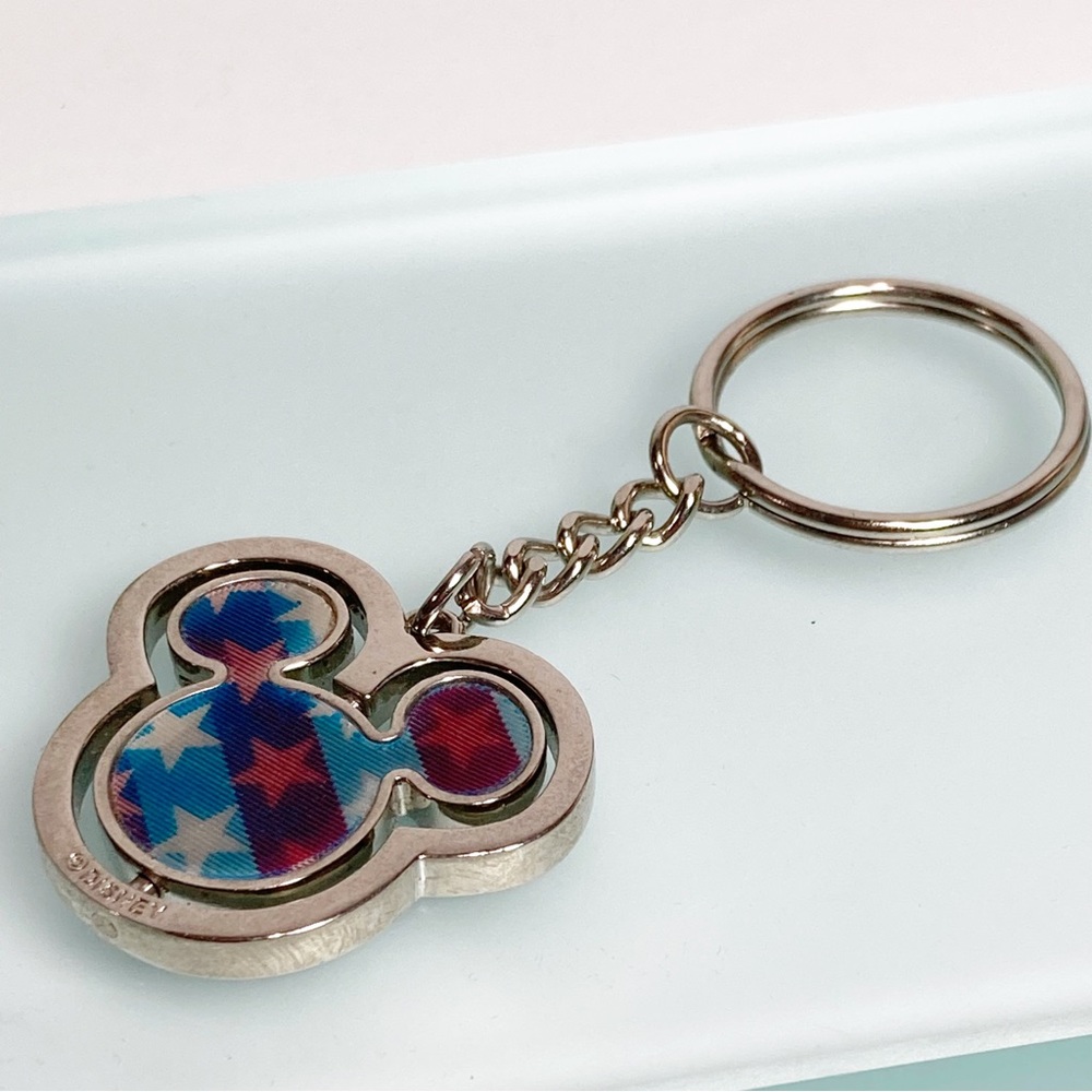 Disney Spinning Mickey Vintage HologramUSA Keychain Silver Tone Cir 1990s NWOT